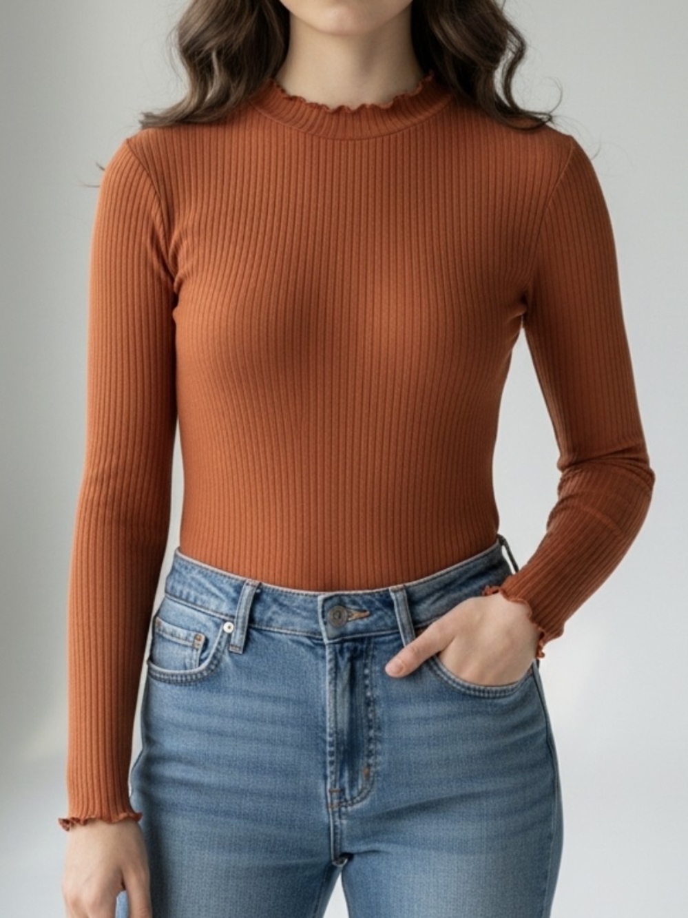 Ribbed Mock Neck Long-Sleeve Top in Rust